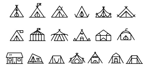 tent icon collection with outdoor shelter symbols including teepee circus tent cabin tent and campsite illustrations in minimalist line art vector style © Lutfunnaher