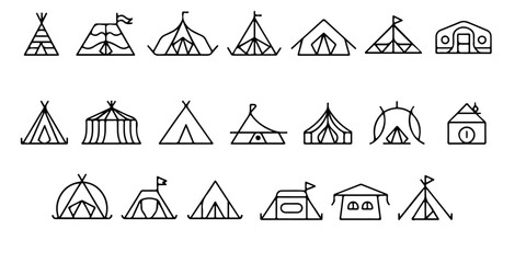 tent icon collection with outdoor shelter symbols including teepee circus tent cabin tent and campsite illustrations in minimalist line art vector style © Lutfunnaher