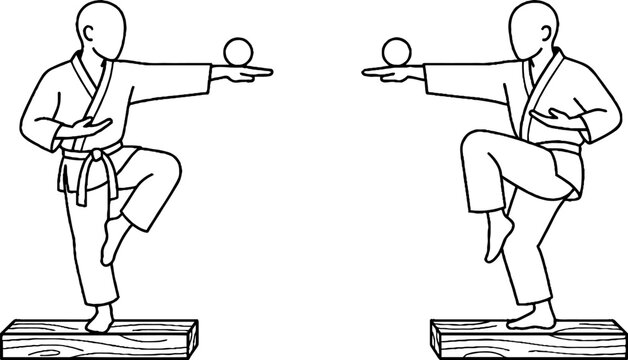 Martial arts practitioners balancing on wooden blocks.