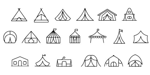 tent icon collection with outdoor shelter symbols including teepee circus tent cabin tent and campsite illustrations in minimalist line art vector style © Lutfunnaher