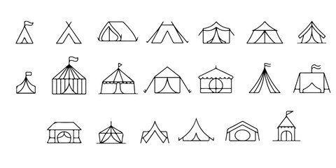 tent icon collection with outdoor shelter symbols including teepee circus tent cabin tent and campsite illustrations in minimalist line art vector style © Lutfunnaher
