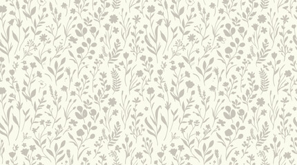 Obraz premium Flat vector seamless pattern, small wildflowers, botanical stems and delicate foliage, soft pastel colors