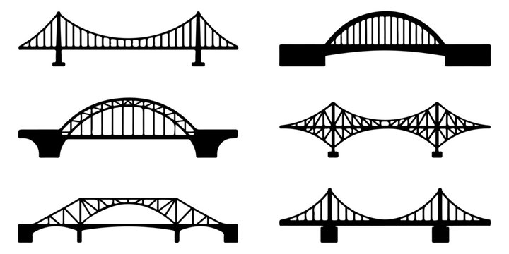 bridge silhouette icons featuring suspension bridges, arch bridges, cable stayed bridges and transportation structures in black outline vector style