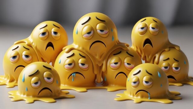 A group of melting yellow emojis with sad and worried expressions