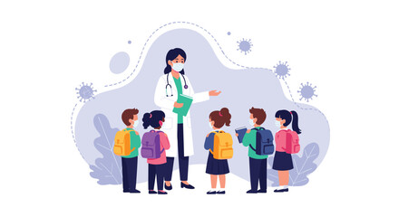 Fototapeta premium Professional female doctor wearing a face mask and white coat talking to a group of young school children wearing backpacks.