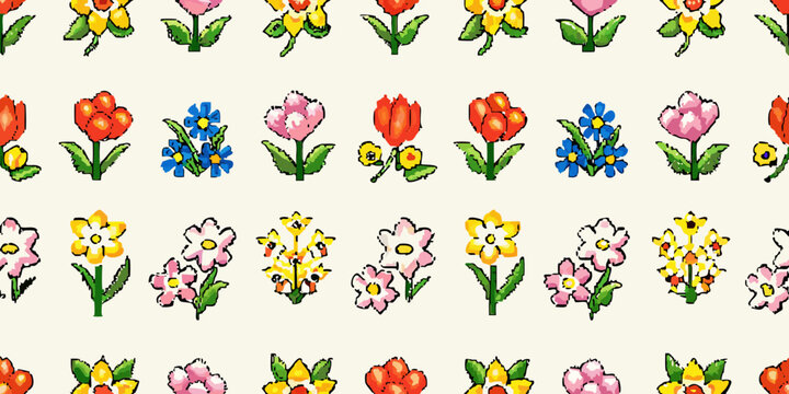 Floral ornament with assorted pixelated flowers on a cream background