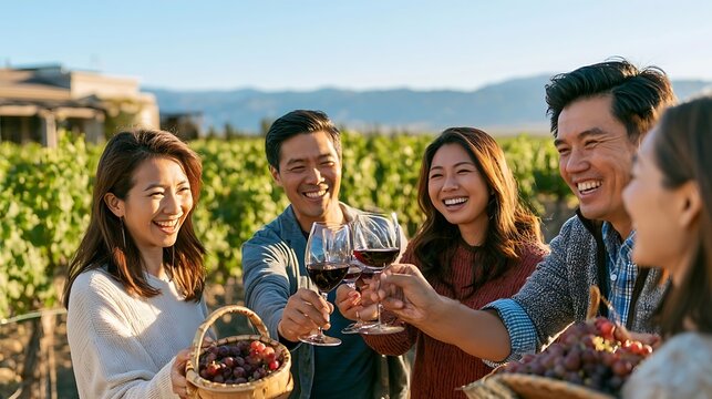 Happy friends toasting with red wine at a vineyard during a sunny day.