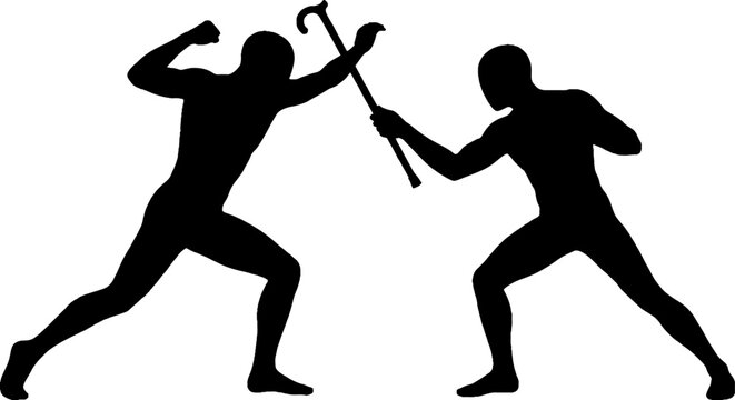 Silhouette of two figures fighting with sticks.