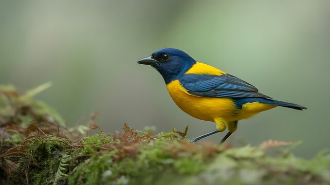Black chinned mountain tanager perched on mossy log in misty forest