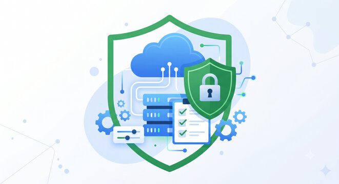 Shielded database and app icons with badges for residency, encryption and compliance certification.