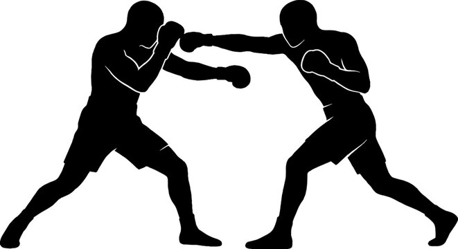 Two boxers engaged in a dynamic fight pose.