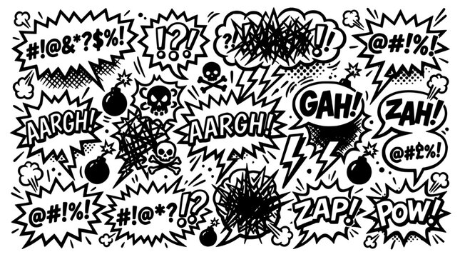 Speech Bubbles Comic Explosion Icons Collection with Starbursts, Skulls, Zap Pow Symbols and Bold Chaotic Doodle Style