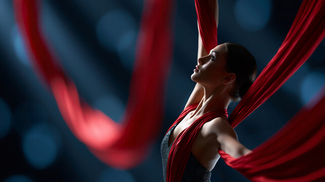 Athletic female acrobat performing a low-angle spinning routine on aerial silk, red fabric creating a dramatic swirl against a dark backlit background, defocused dark studio,
