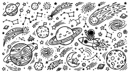 Fototapeta premium Planets and Stars Whimsical Black and White Line Drawing with Rockets, Comets, and Floating Space Elements Background