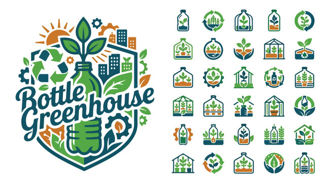 Eco-friendly bottle greenhouse logo and 25 icons set, sustainable plastic recycling symbols, green environment and urban gardening vector elements