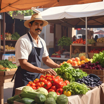 Merchant selling fresh vegetables in a sunny outdoor market