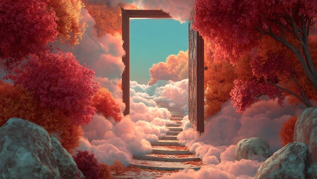 Open door standing in a dreamlike landscape with stone stairs leading into fluffy pink clouds and autumn trees