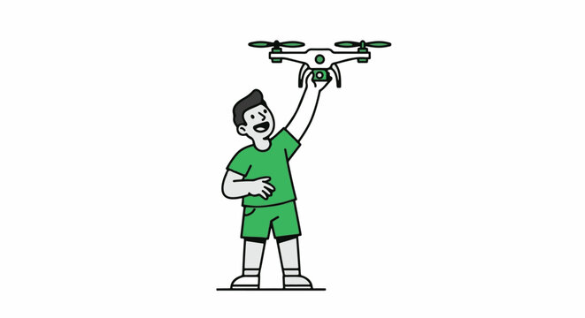 Young boy flying a drone with remote controller outdoors.