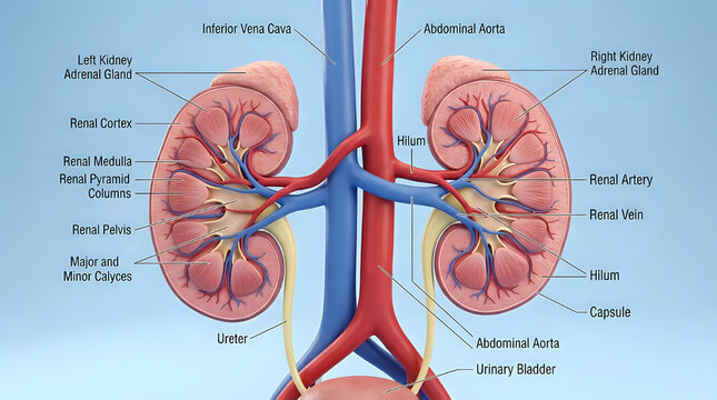 Anatomical human kidney medical diagram showing organ structure and vessels with physiology, hospital