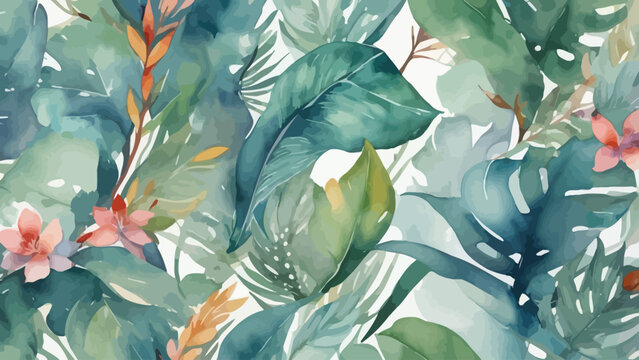 Vibrant watercolor tropical pattern. Seamless design of lush green leaves and pink blossoms. Botanical background for textiles