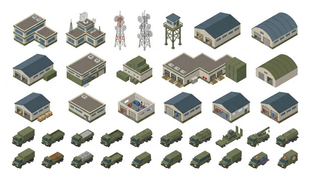 Military Base Buildings and Support Vehicle Vector Set for City Illustration
