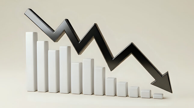 3D bar chart with a black downward arrow indicating a decline financial business illustration