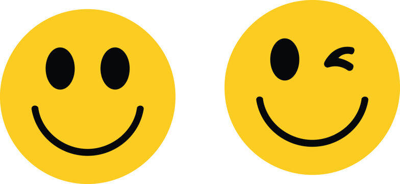 Yellow smiley face icons set featuring classic happy smile and friendly winking emoji expression isolated on white background vector