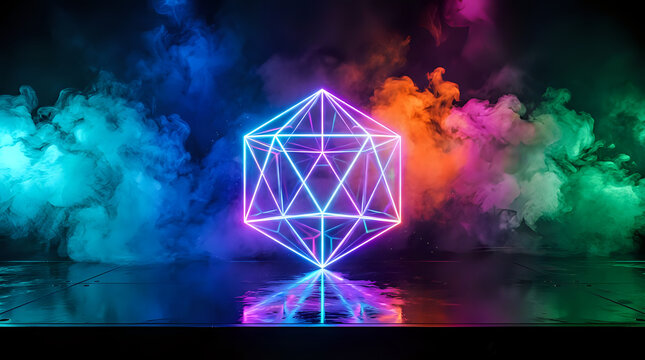 Neon illuminated geometric dodecahedron shape in smoke with geometric dodecahedron abstract