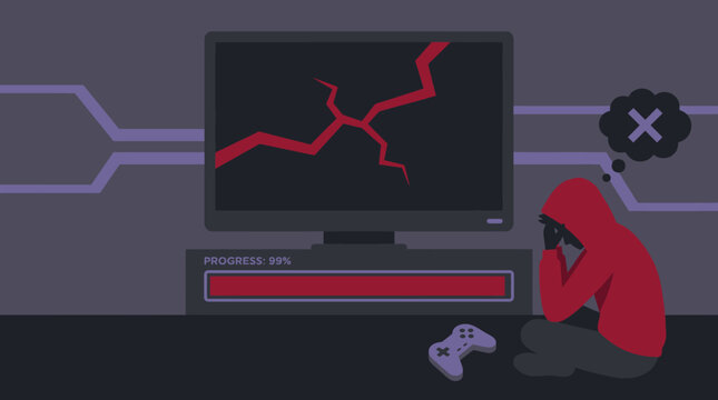 Minimalist illustration of a frustrated gamer sitting by a broken monitor with a stalled 99 percent progress bar.