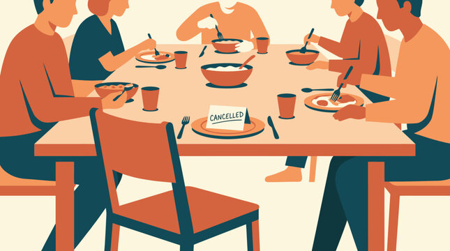 Flat vector illustration of people dining together with one empty chair and a cancelled sign on a plate.