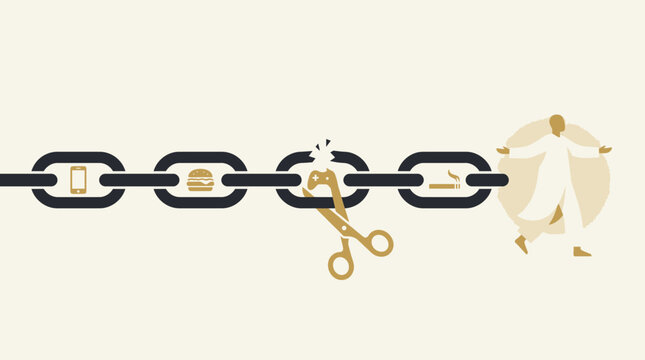 Minimalist illustration of breaking addiction chain with icons for phone gaming junk food and smoking habits representing freedom and self-discipline