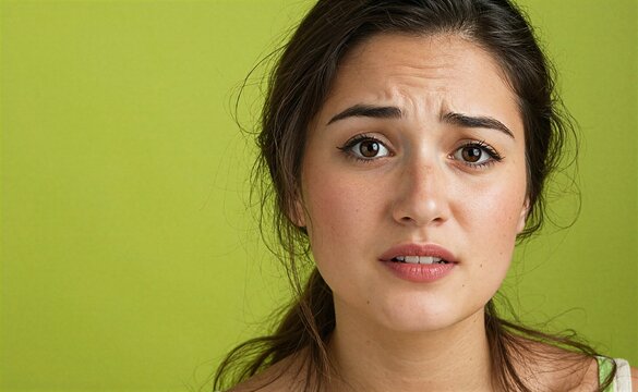 Close up of young woman with concerned expression on a green background