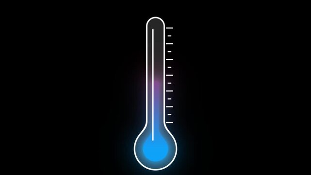 Neon thermometer animating temperature rising and falling on black background