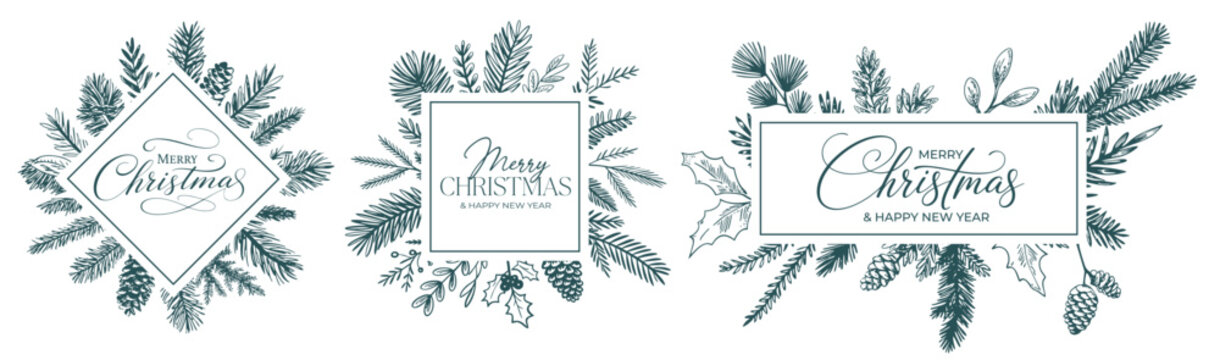 Christmas Botanical Frames Set - Elegant Pine Branches, Pinecones and Holly Wreaths with Calligraphy Typography