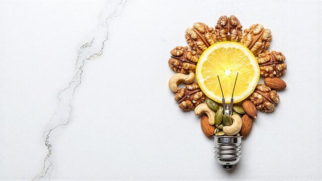 Light bulb made of nuts and lemon slice on white surface
