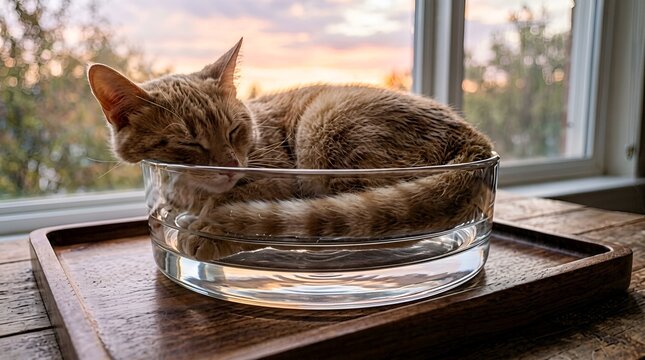 Tranquil Calico Cat Resting in Clear Glass Bowl on Rustic Wood Table near Window
