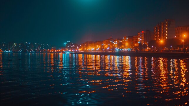 Night city lights with reflections on water, cinematic mood.