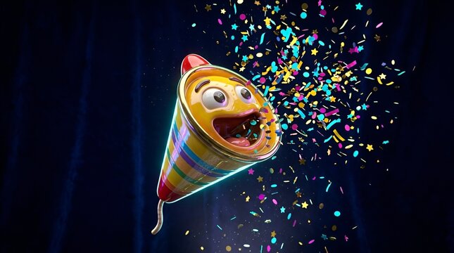 Colorful cartoon party horn with confetti celebrating happy joyful occasion
