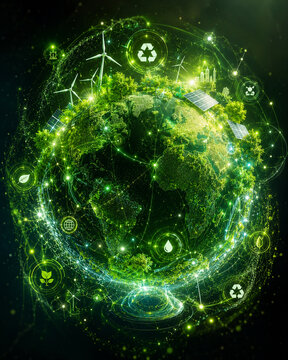 Lush green planet powered by renewable energy and sustainable infrastructure showing solar panels wind turbine forest and recycling symbols inspiring hope for future generations