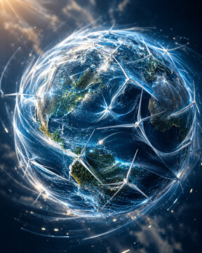Planet as energy infrastructure connecting globe with wind turbine network glowing with motion and sustainable ambition