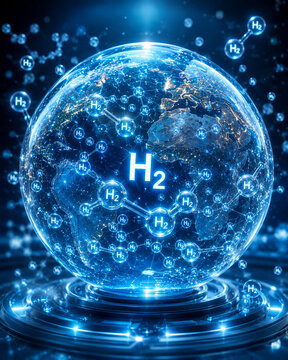 Planet as glowing hydrogen energy globe showing sustainable infrastructure networks and molecular links conveying hope and innovation in clean fuel and global connectivity
