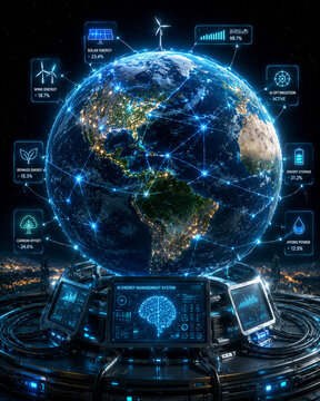 AI energy management system visualizing planet energy infrastructure and renewable network with glowing connections and efficiency metrics inspiring sustainable innovation
