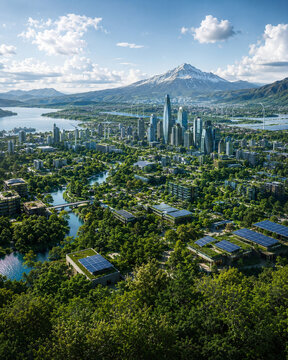 Planet as energy infrastructure integrated city skyline with solar roofs wind turbines river park and mountain backdrop creating sustainable urban living and hopeful mood