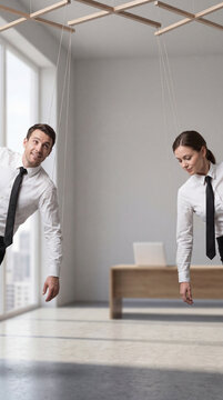 A businessman and businesswoman hanging like helpless marionette puppets from strings in a bright modern office setting