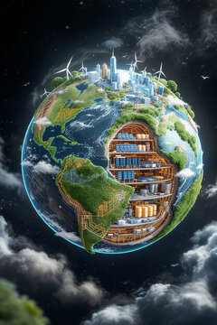 Planet as energy infrastructure futuristic globe showing green city renewable wind turbine skyline and underground storage creating hopeful sustainable future