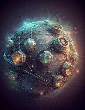 Futuristic planet energy infrastructure sphere glowing with cables and lenses creating surreal techno orb