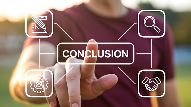 Business conclusion and decision making concept with person touching virtual interface