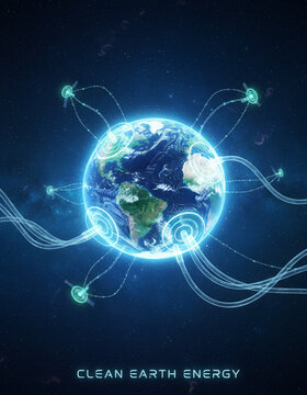 Planet as energy infrastructure globe connected by glowing cables and satellites conveying clean power and smart grid solutions for sustainable future