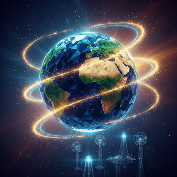 Planet as energy infrastructure globe with glowing orbital rings and futuristic towers symbolizing global connectivity and sustainable power