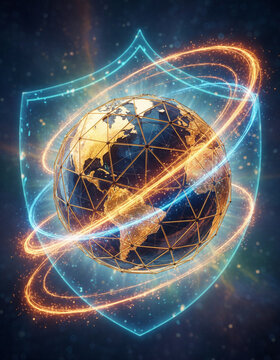 Planet as energy infrastructure glowing globe surrounded by orbital light rings and shield design conveying global connectivity and secure power networks